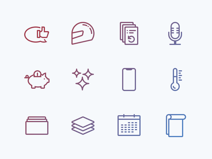 A set of icons, including a helmet, microphone, smartphone, and calendar.