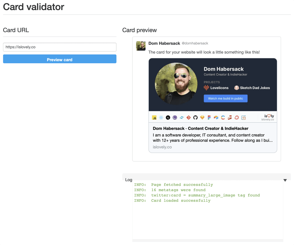 Twitter’s card validator showing the rich preview of my website.