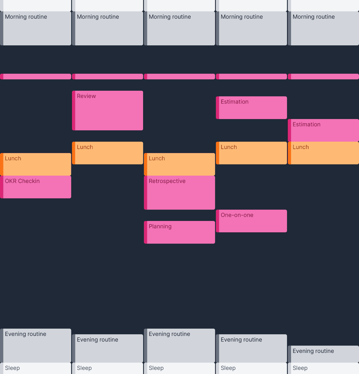 The previous schedule, now with daily lunch hours. They happen around the same time, but not necessarily at exactly the same time.