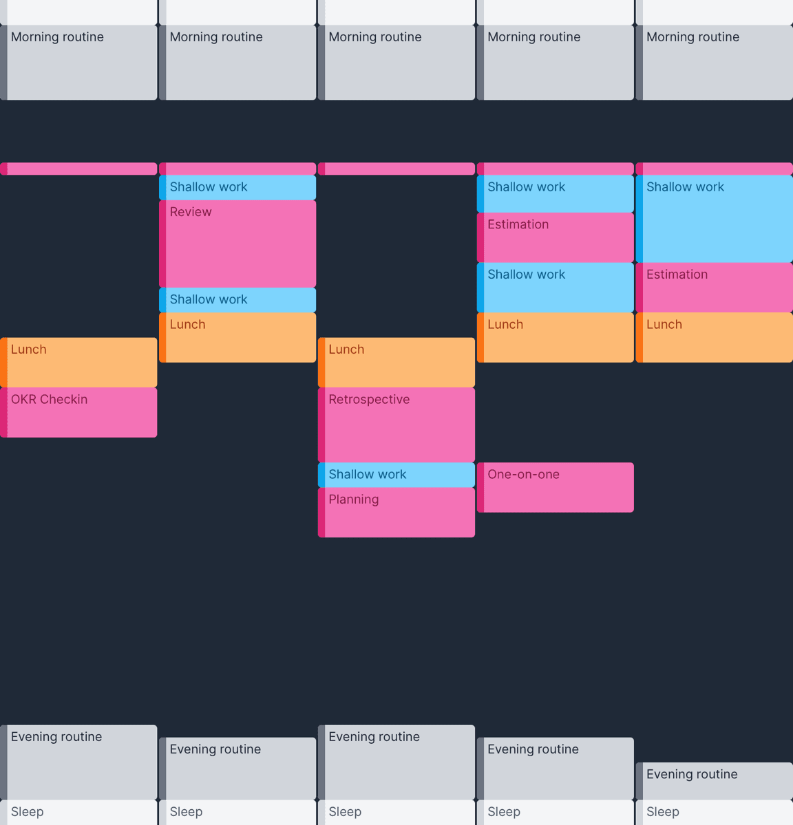 Small gaps in the calendar are filled with blocks reserved for shallow work.