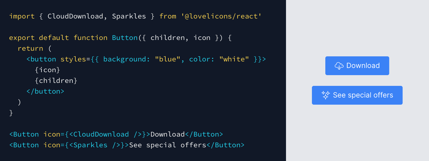 An example of how the Lovelicons React library can be used