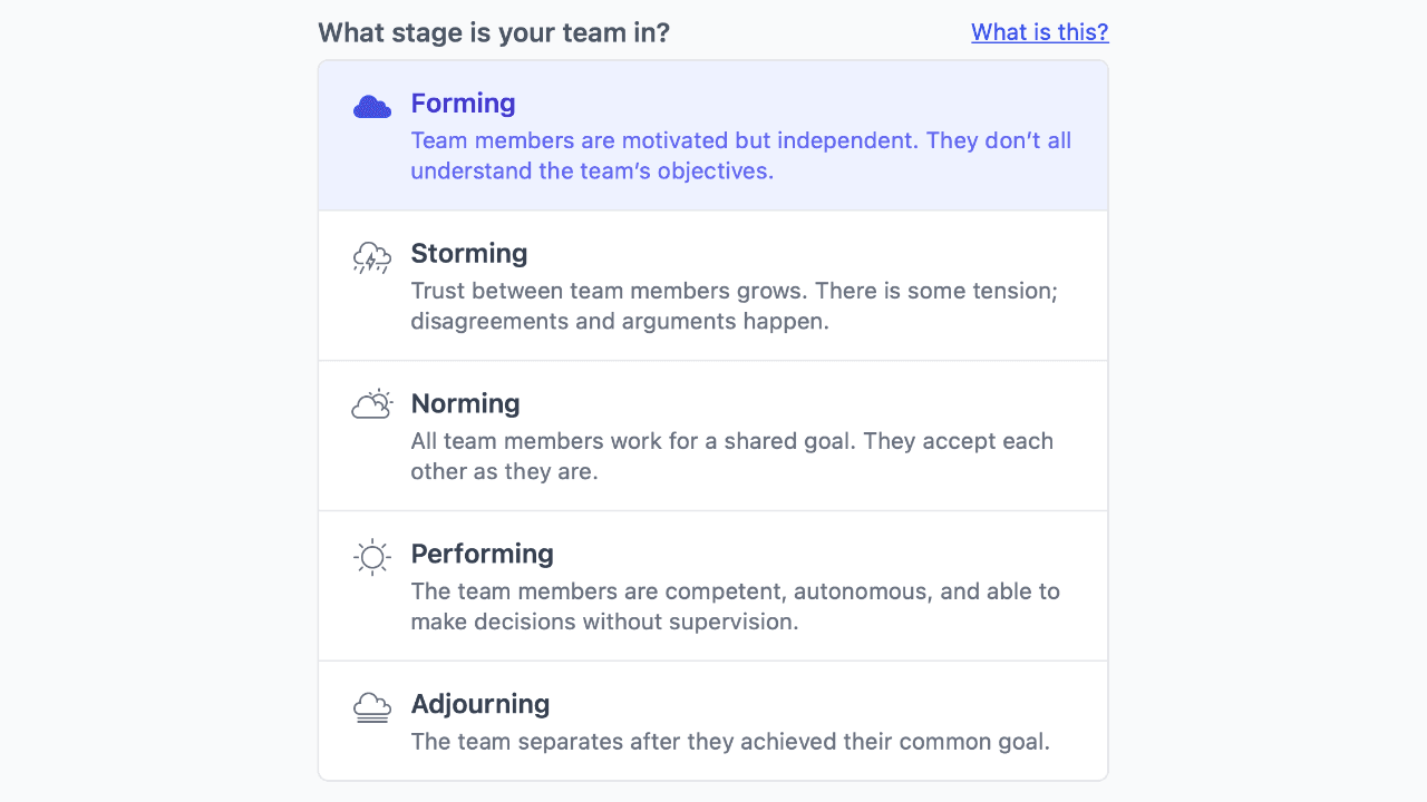 A select component for a team’s Tuckman stage.